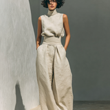 Madalena | Conjunto de Linho Premium com Gola Alta e Calças Wide Leg