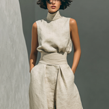 Madalena | Conjunto de Linho Premium com Gola Alta e Calças Wide Leg