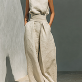 Madalena | Conjunto de Linho Premium com Gola Alta e Calças Wide Leg