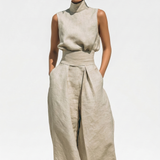 Madalena | Conjunto de Linho Premium com Gola Alta e Calças Wide Leg