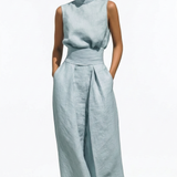 Madalena | Conjunto de Linho Premium com Gola Alta e Calças Wide Leg