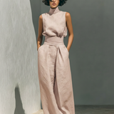 Madalena | Conjunto de Linho Premium com Gola Alta e Calças Wide Leg