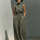 Madalena | Conjunto de Linho Premium com Gola Alta e Calças Wide Leg