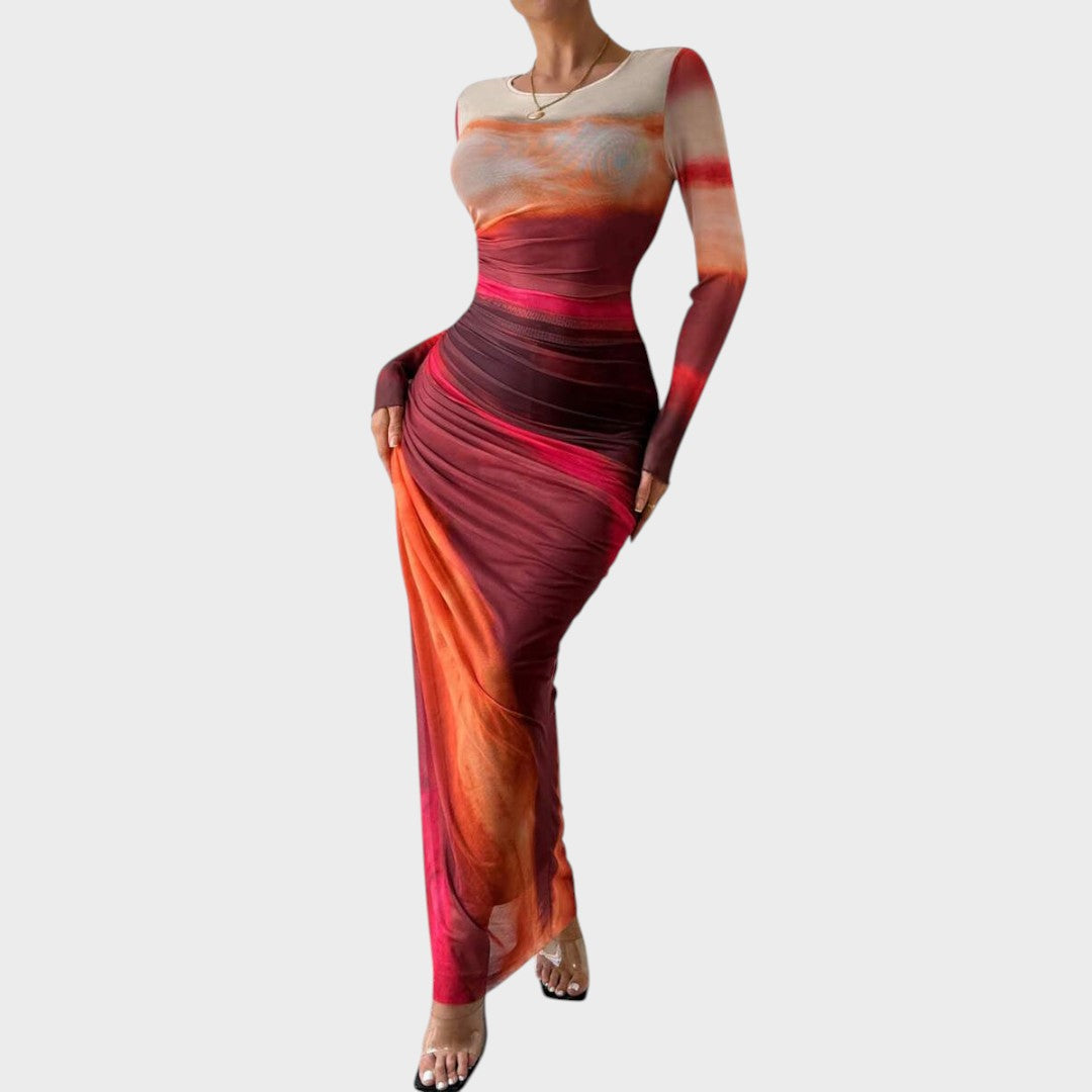 Amélia - Vestido maxi justo com mangas compridas