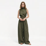 Madalena | Conjunto de Linho Premium com Gola Alta e Calças Wide Leg
